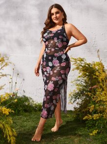 SHEIN Plus Floral Print Sheer Cover Up Dress - Multicolor - View 4