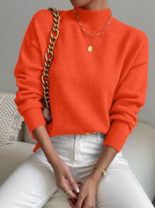 SHEIN LUNE Suéter de cuello alto con hombros caídos de punto para otoño e invierno - Naranja - Ver 4