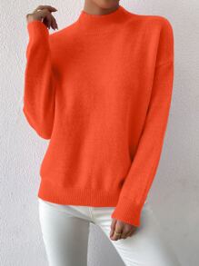 SHEIN LUNE Suéter de cuello alto con hombros caídos de punto para otoño e invierno - Naranja - Ver 5
