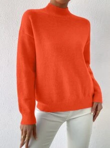 SHEIN LUNE Suéter de cuello alto con hombros caídos de punto para otoño e invierno - Naranja - Ver 6