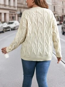 SHEIN LUNE Áo len dệt kim dáng suông vai rộng, áo len chui đầu mùa thu đông. - Màu be - Xem 2