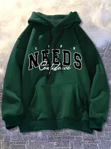 Aesthetic Post--Men Plus Letter Graphic Kangaroo Pocket Drawstring Hoodie - Dark Green - View 1