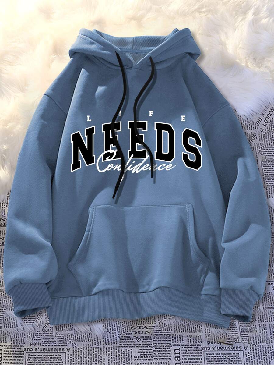 Aesthetic Post--Men Plus Letter Graphic Kangaroo Pocket Drawstring Hoodie - Dusty Blue - View 1