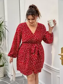SHEIN Frenchy Plus Allover Heart Print Surplice Neck Belted Dress - Red - View 1