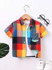 SHEIN 年輕男孩方格拼接口袋襯衫（不含內搭）