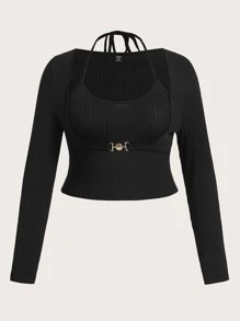 SHEIN ICON Plus Buckled Detail Tie Back 2 In 1 Tee - Black - View 1