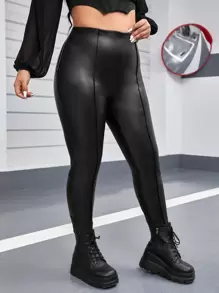 SHEIN Privé Plus Seam Detail PU Leather Skinny Trousers - Black - View 3