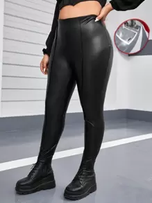 SHEIN Privé Plus Seam Detail PU Leather Skinny Trousers - Black - View 2