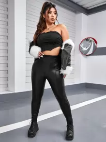 SHEIN Privé Plus Seam Detail PU Leather Skinny Trousers - Black - View 5