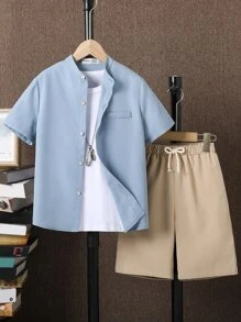 Boys Mock Neck Shirt & Knot Front Shorts Without Tee - Multicolor - View 1