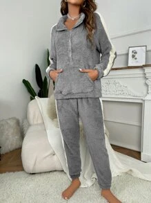 Contrast Side Seam Half Zip Flannel Top & Pants Lounge Fluffy Set, Fall Winter Clothes, Cozy Outfits - Grey - View 5