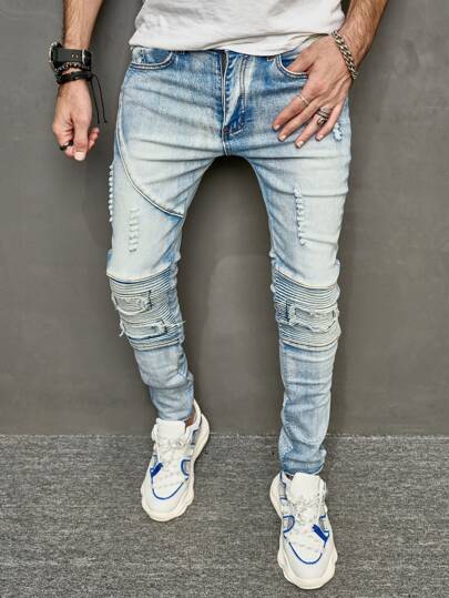 Jeans ajustados de algodón para hombres rasgados lavados, ajuste delgado, largo distresado. Jean ligero con bolsillos cargo y en color azul liso para llevar a fiestas punk con amigos