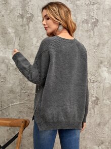 EMERY ROSE Pearls Beaded Raglan Sleeve Split Hem Jumper - Dark Grey - View 2