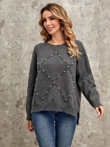 EMERY ROSE Pearls Beaded Raglan Sleeve Split Hem Jumper - Dark Grey - View 4