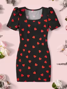 SHEIN Girls Heart Print Puff Sleeve Dress - Black - View 1