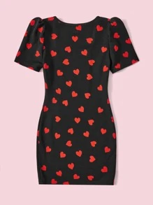 SHEIN Girls Heart Print Puff Sleeve Dress - Black - View 2