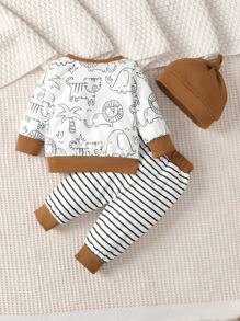 Baby Boy Cartoon Graphic Kangaroo Pocket Sweatshirt & Striped Joggers - White - View 2