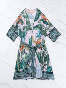 SHEIN Swim Tropical Print Belted Kimono, For Summer Beach Vacation - Multicolor - View 4