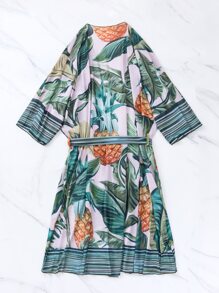 SHEIN Swim Tropical Print Belted Kimono, For Summer Beach Vacation - Multicolor - View 5
