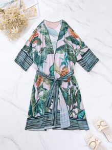 SHEIN Swim Tropical Print Belted Kimono, For Summer Beach Vacation - Multicolor - View 6