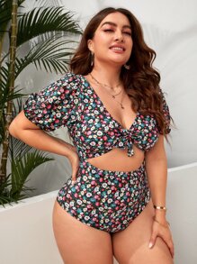 Swim Lushoire Summer Beach Plus Ditsy Floral Cut-Out Knot One Piece Swimsuit - Multicolor - View 1