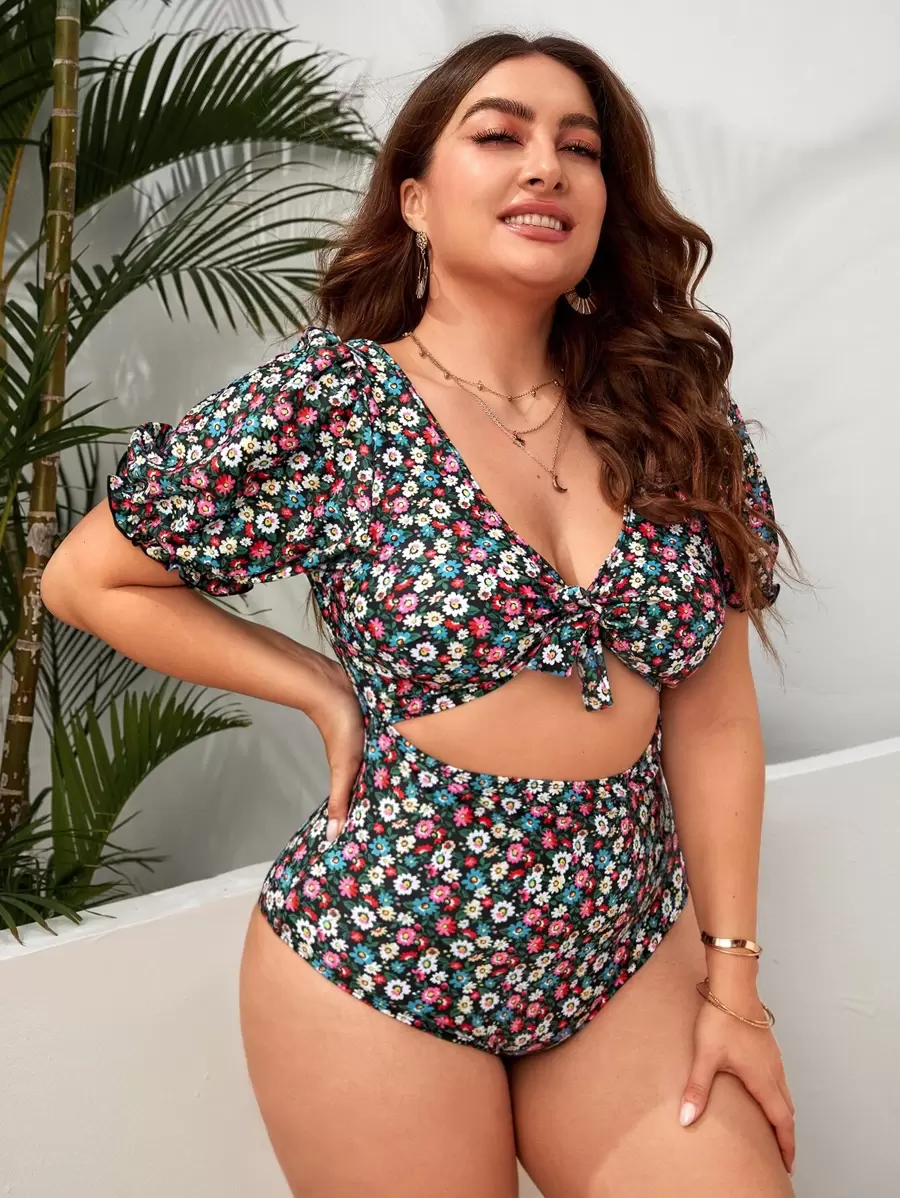 Swim Lushoire Summer Beach Plus Ditsy Floral Cut-Out Knot One Piece Swimsuit - Multicolor - View 1