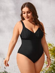 Summer Plus Size Ruched One Piece Swimsuit - Black - View 3