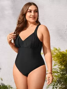 Summer Plus Size Ruched One Piece Swimsuit - Black - View 1