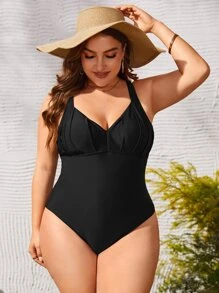 Summer Plus Size Ruched One Piece Swimsuit - Black - View 4