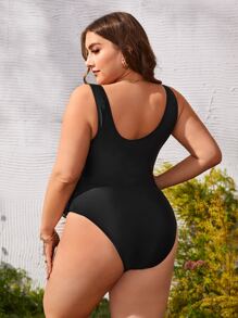 大碼熱帶圖案側打結連體泳衣