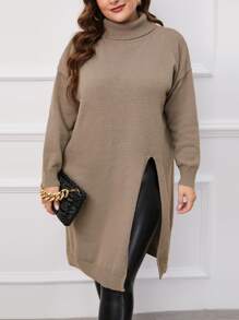 Mulvari Plus Turtleneck Drop Shoulder Split Hem Longline Jumper - Khaki - View 1
