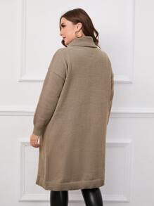 Mulvari Plus Turtleneck Drop Shoulder Split Hem Longline Jumper - Khaki - View 2