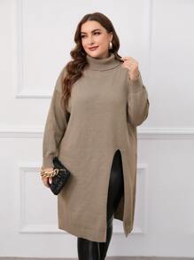 Mulvari Plus Turtleneck Drop Shoulder Split Hem Longline Jumper - Khaki - View 6