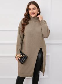 Mulvari Plus Turtleneck Drop Shoulder Split Hem Longline Jumper - Khaki - View 7