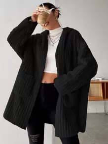 SHEIN EZwear 冬季寬鬆休閒黑色毛孔織疏鬆式下肩袖口口袋拼接長袖連帽外套 - 黑色 - 查看 3
