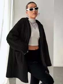 SHEIN EZwear 冬季寬鬆休閒黑色毛孔織疏鬆式下肩袖口口袋拼接長袖連帽外套 - 黑色 - 查看 5