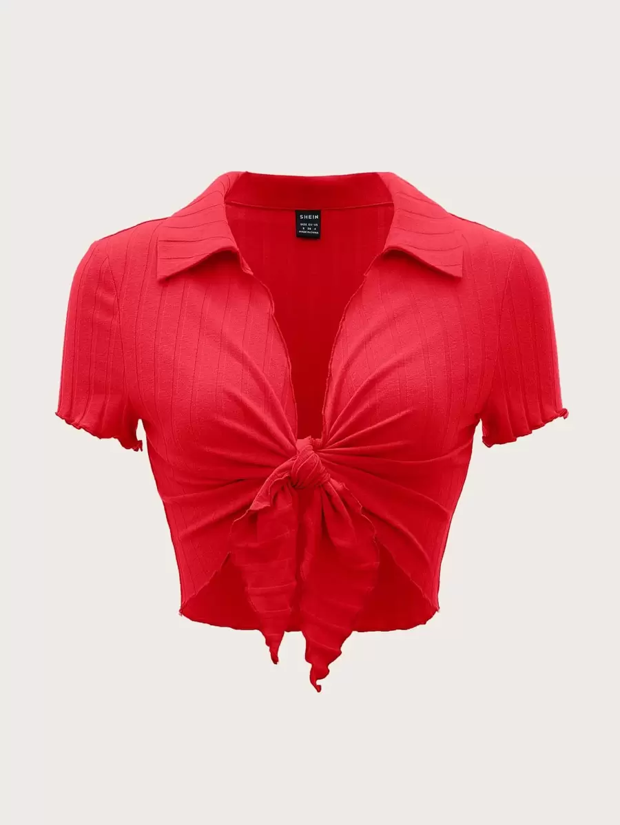 SHEIN EZwear Lettuce Trim Knot Front Crop Top - Red - View 1