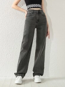 SHEIN 少女简约百搭黑灰色水洗直筒牛仔裤 - 灰色 - 查看 7