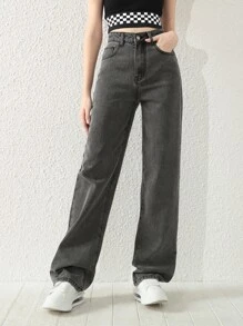 SHEIN 少女简约百搭黑灰色水洗直筒牛仔裤 - 灰色 - 查看 3