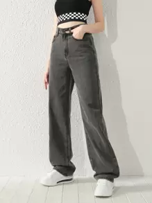 SHEIN 少女简约百搭黑灰色水洗直筒牛仔裤 - 灰色 - 查看 4