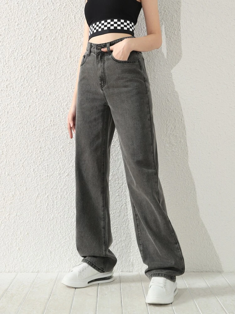 SHEIN Jeans rectos de pierna lavados en negro y gris, simples y versátiles, para adolescentes - Gris - Ver 4