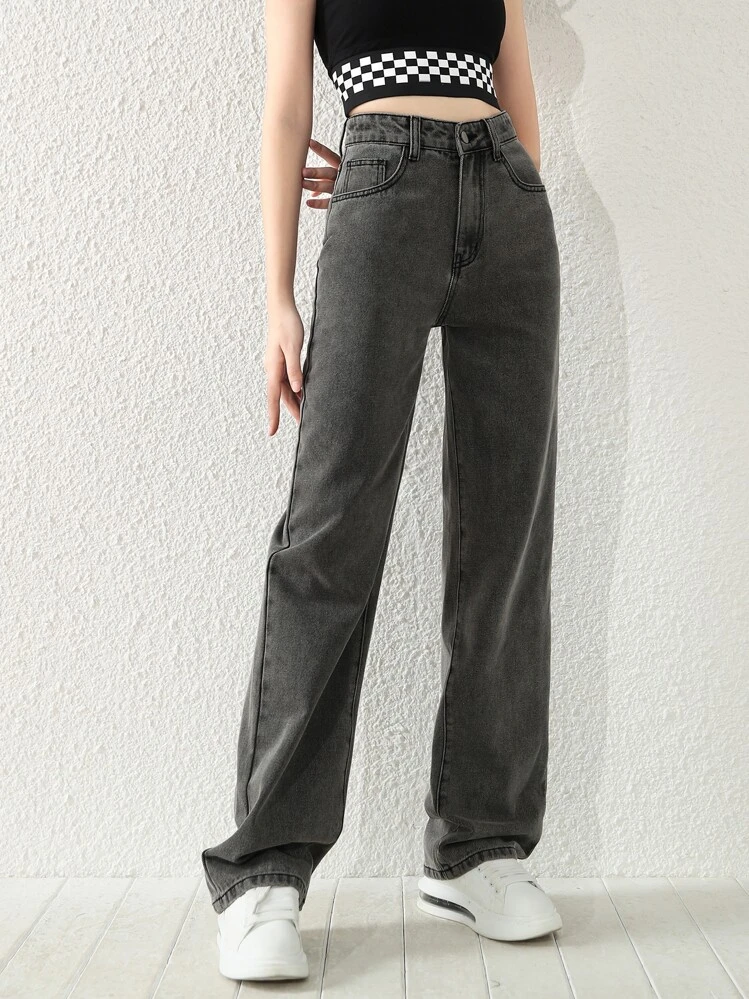 SHEIN Jeans rectos de pierna lavados en negro y gris, simples y versátiles, para adolescentes - Gris - Ver 5