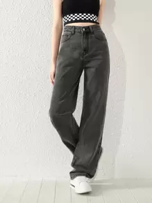 SHEIN 少女简约百搭黑灰色水洗直筒牛仔裤 - 灰色 - 查看 6