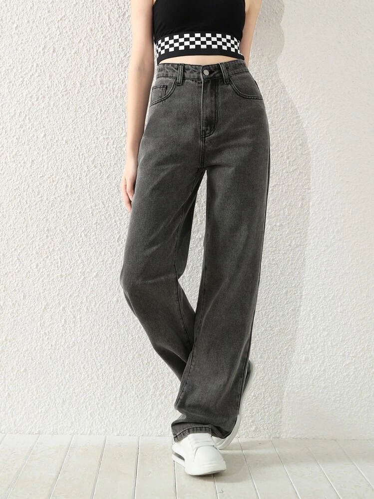 SHEIN Jeans rectos de pierna lavados en negro y gris, simples y versátiles, para adolescentes - Gris - Ver 6