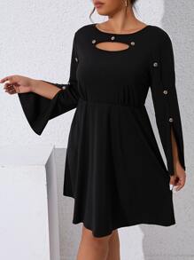 Calvaya Plus Cut Out Button Detail Split Sleeve Dress - Black - View 1
