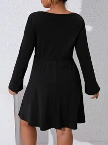 Calvaya Plus Cut Out Button Detail Split Sleeve Dress - Black - View 2