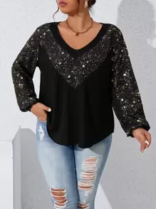 SHEIN Clasi Plus Galaxy Print Lantern Sleeve Sweatshirt - Black - View 1