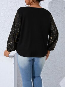 SHEIN Clasi Plus Galaxy Print Lantern Sleeve Sweatshirt - Black - View 2