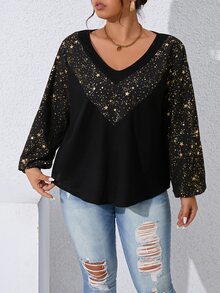 SHEIN Clasi Plus Galaxy Print Lantern Sleeve Sweatshirt - Black - View 3