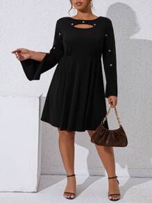 Calvaya Plus Cut Out Button Detail Split Sleeve Dress - Black - View 6